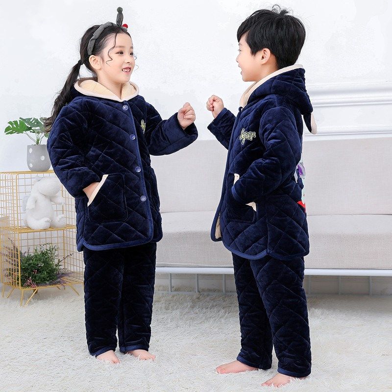 儿童睡衣加长款三层夹棉珊瑚绒男孩女孩中大童加厚家居服套装冬季