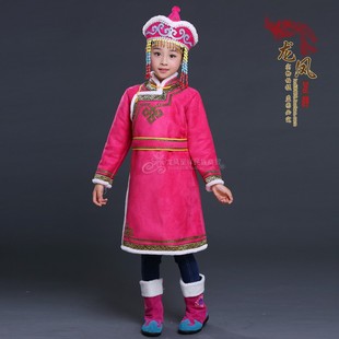 儿童蒙古袍冬季加棉加厚款蒙古族女童连体服装少数民族演出服仿皮