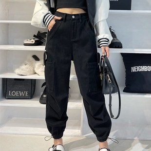 秋冬新款黑色加绒休闲工装裤女宽松高腰显瘦束脚哈伦牛仔老爹裤子