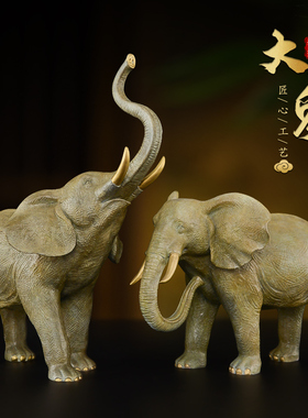 黄铜彩绘大象摆件一对铜象招客厅玄关吸水象财位大号铜大象工艺品