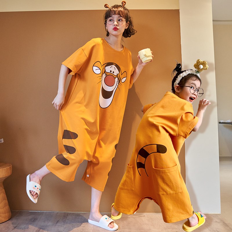 亲子连体睡衣夏季防踢空调服宽松纯棉短袖中大童男女孩宝宝家居服