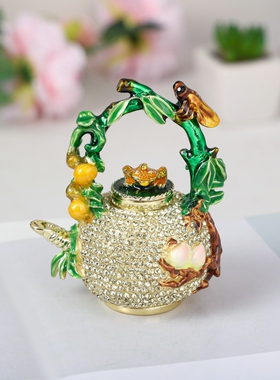 金属工艺品禅意装饰满钻金茶壶饰品盒金蟾福禄寿茶壶桌面小摆件