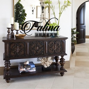 美式乡村实木雕花玄关柜中古风法式靠墙储物柜客厅装饰柜沙发背几