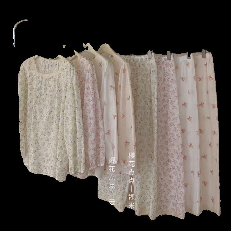 韩国春夏季睡衣长袖裤碎花套头甜美泡泡棉花边家居服套装可外穿女