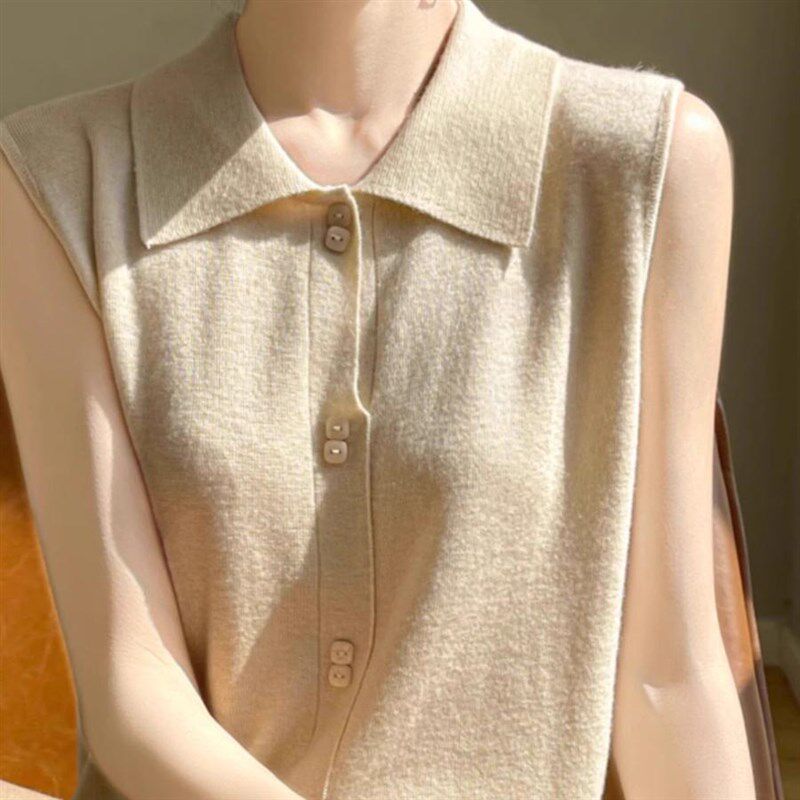 叠穿衬衫领无袖羊毛背心女西装开衫内搭翻领针织砍袖打底衫上衣春