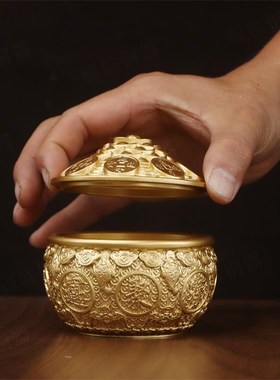纯黄铜金蟾带盖聚宝盆摆件室内家用办公室桌面招财元宝盆装饰摆设