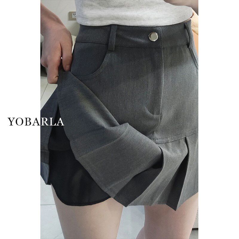 灰色西装百褶短裙女夏季新款高腰大码胖mm显瘦遮肚子a字半身裙子