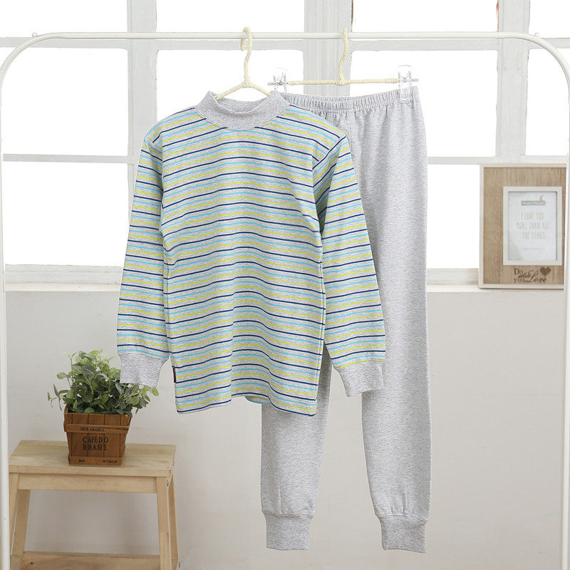 萱泽纯棉条纹高领内衣儿童秋衣卫生裤内搭保暖男女童长袖上衣两件