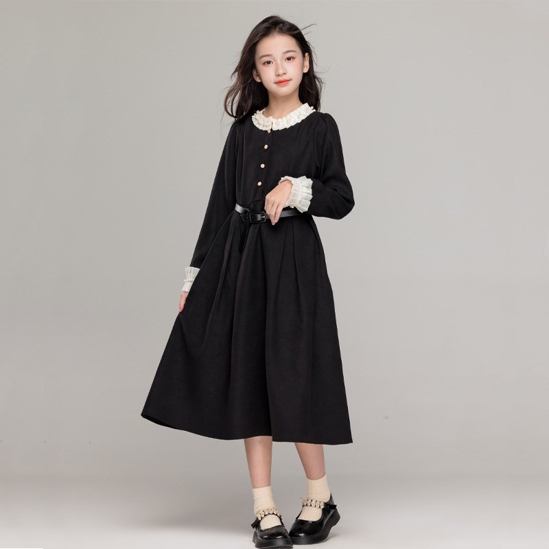 女童秋冬连衣裙2024新款大童撞色小立领复古高级感气质收腰长裙子