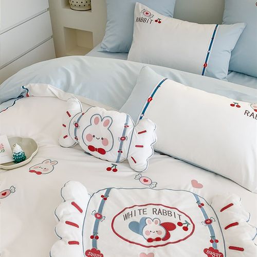 少女心100S长绒棉四件套儿童全棉纯棉大白兔卡通被套牀单牀笠牀品