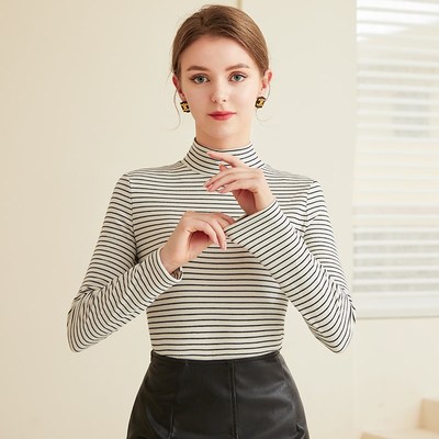 立领德绒条纹打底衫女双面磨毛上衣秋冬加绒加厚保暖内衣T恤长袖