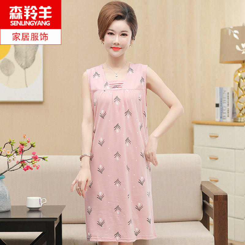 睡裙女士睡衣夏季夏天薄款裙子中长款中年妈妈加大码纯棉背心无袖