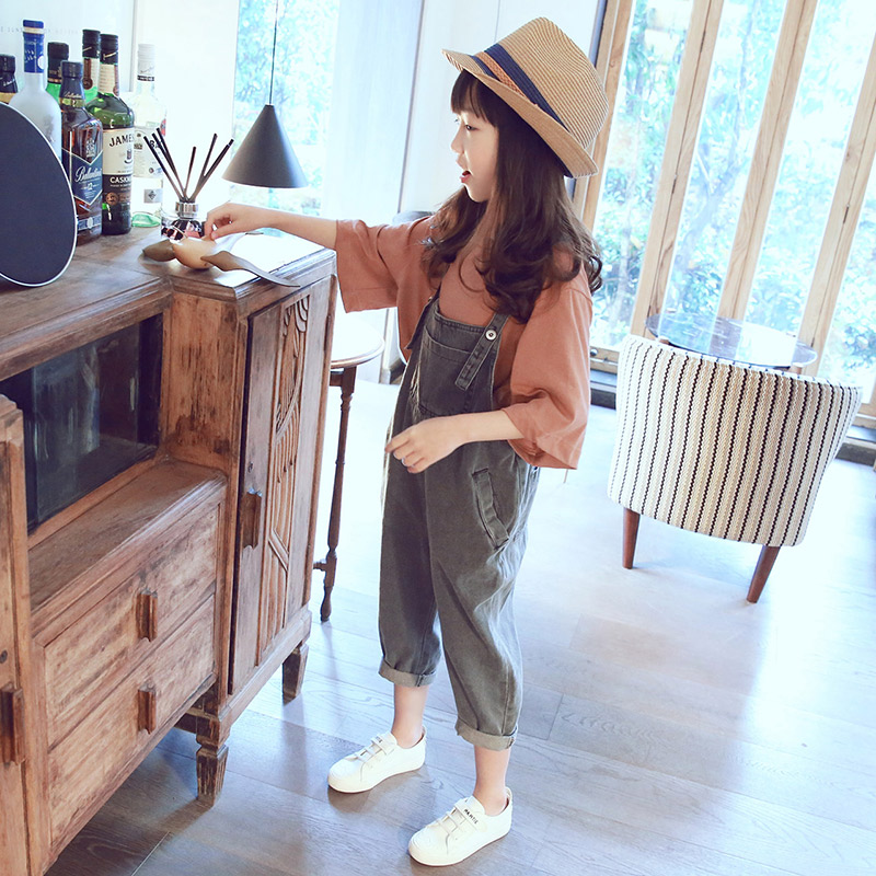 女童背带裤套装夏2021新款洋气中大童秋装两件套牛仔裤子春秋薄款