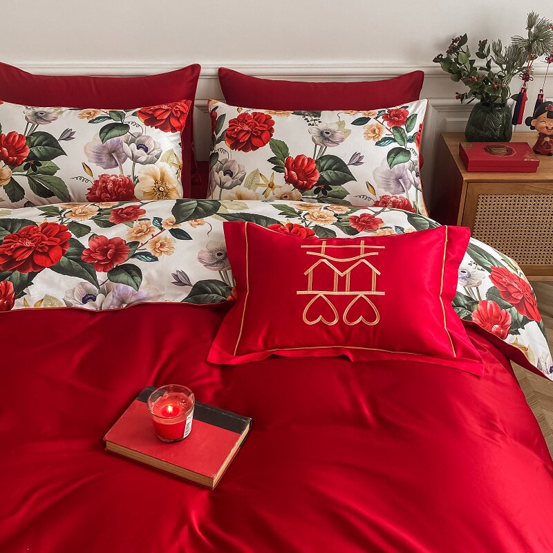 简约长绒棉婚庆四件套全棉红色被套纯棉高档结婚床上用品婚嫁床单