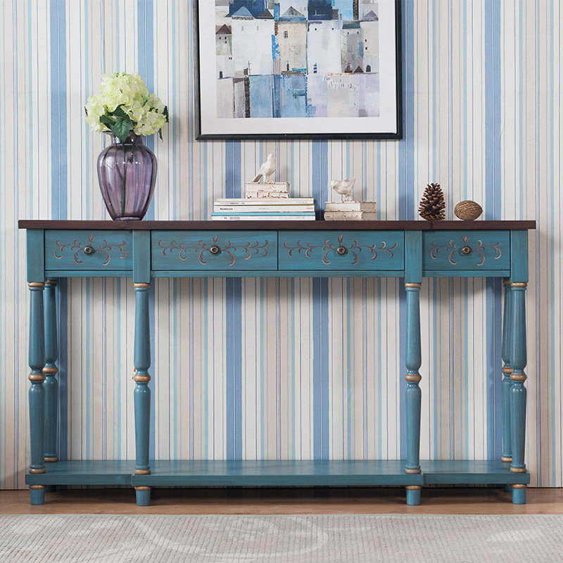 美式入户玄关台客厅彩绘长条案台实木靠墙置物架轻奢窄长玄关桌子