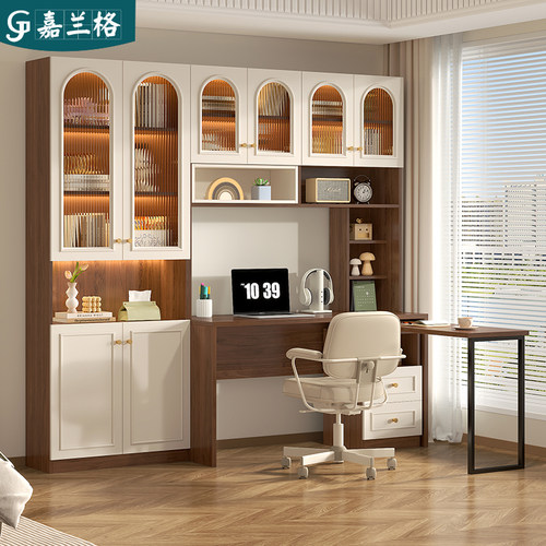 法式复古风旋转书桌书柜一体桌小户型台式电脑桌书架组合9FL17-2