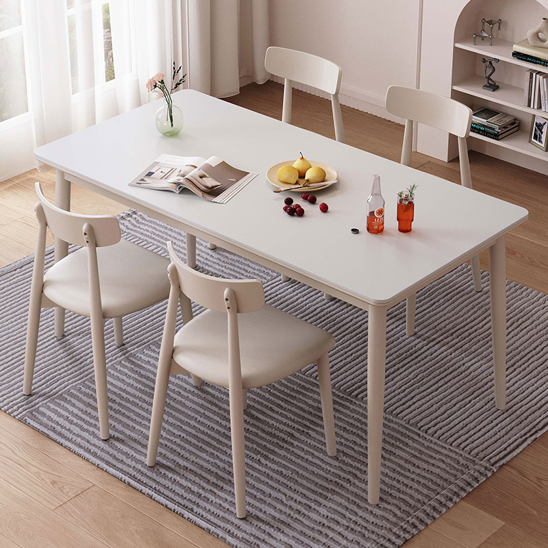 法式奶油风岩板餐桌椅小户型实木白蜡木家用白色长方形饭桌