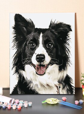 油画填充手工爱狗狗边境牧羊犬填色手绘画画烯画油彩画