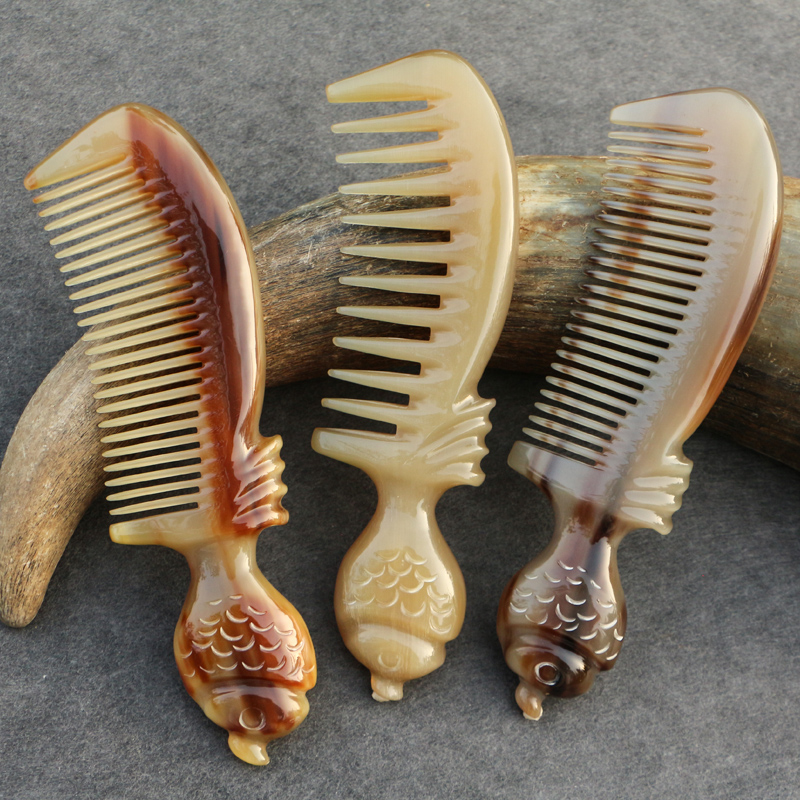 天然白牛角按摩手工雕刻梳子防静电密细齿粗大齿卷烫发梳长1厘米