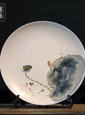 景德镇新中式手绘陶瓷装饰盘禅意莲花摆件博古架玄关客厅家居饰品