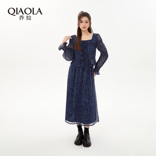 乔拉【夜阑星河】早春季新款时尚套装女蓝色方领雪纺衫上衣半身裙