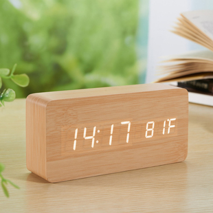 可充电款温度闹钟个性木制床头座钟Led夜光声控电子钟静音时钟表