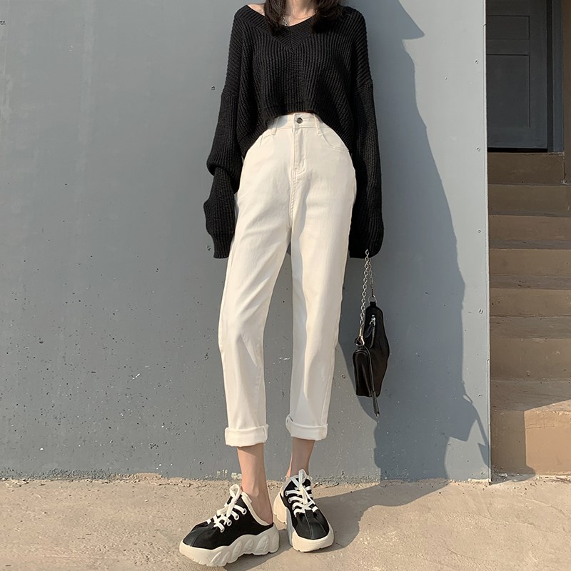 秋季新款白色直筒牛仔裤女梨形身材胖mm显瘦宽松弹力九分烟管裤子