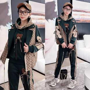 2023秋冬阳光绒棉衣时尚套装女加绒加厚马甲卫衣三件套加大码胖MM