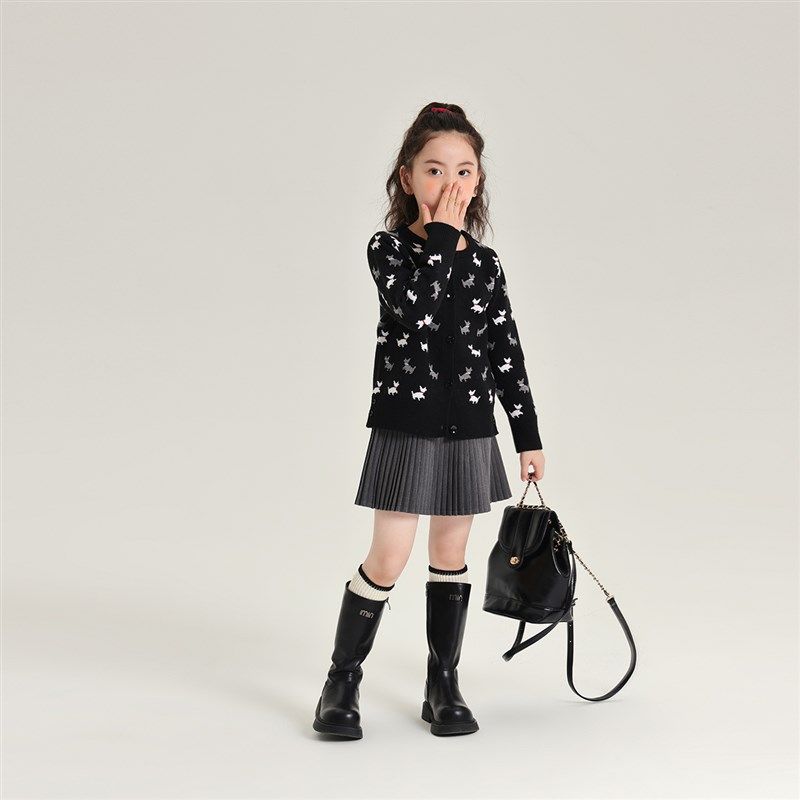 布丁哈鲁秋装女童洋气2024秋季新款百搭儿童针织毛衣小狗开衫外套