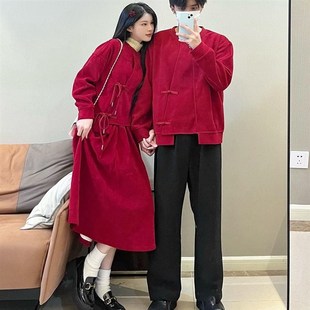 新年红色新中式上衣秋冬季加绒加厚卫衣情侣装套装裙两件套高级感