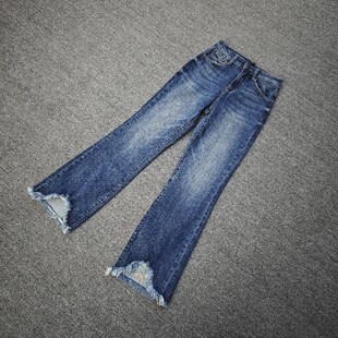 欧美单春秋款高腰微喇牛仔裤裤脚缺口弹力亲肤棉修身显瘦毛边女裤