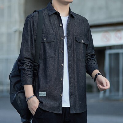法娅茜春秋款牛仔外套衬衫男长袖工装衬衫牛仔面料宽松抗皱耐磨工