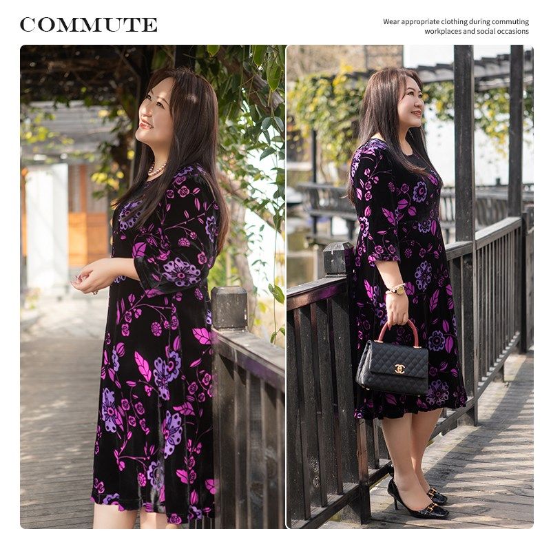 春装女2025年新款黑紫色连衣裙高级感胖mm大码女装显瘦遮肚轻奢
