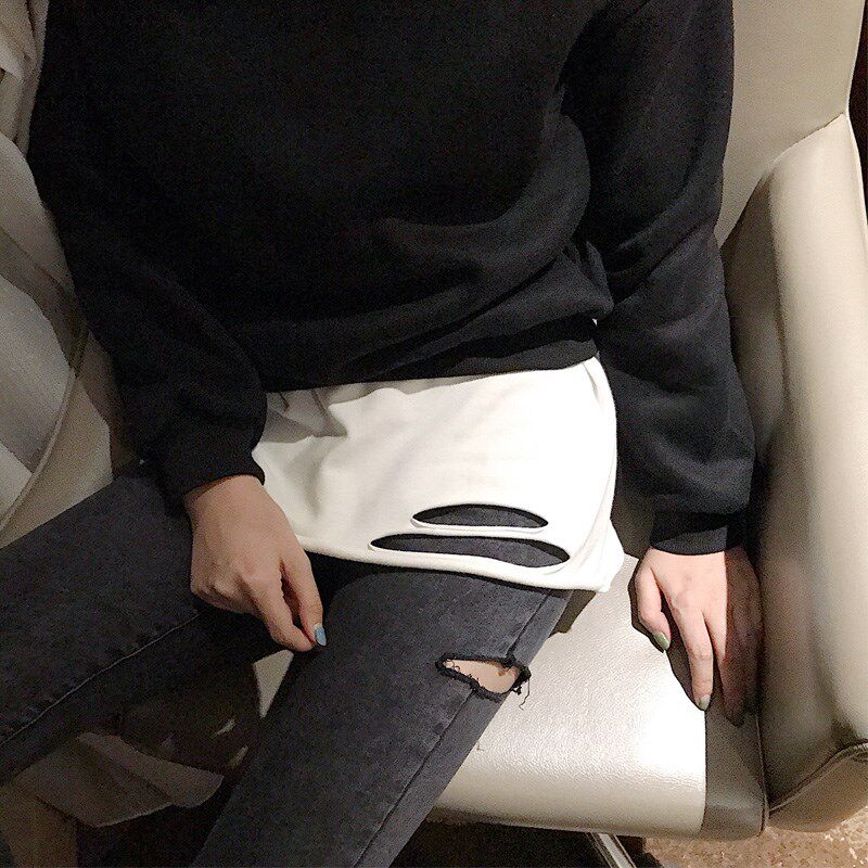 2024秋冬白色纯棉长袖T恤宽松破洞洋气破烂打底衫内搭叠穿上衣女