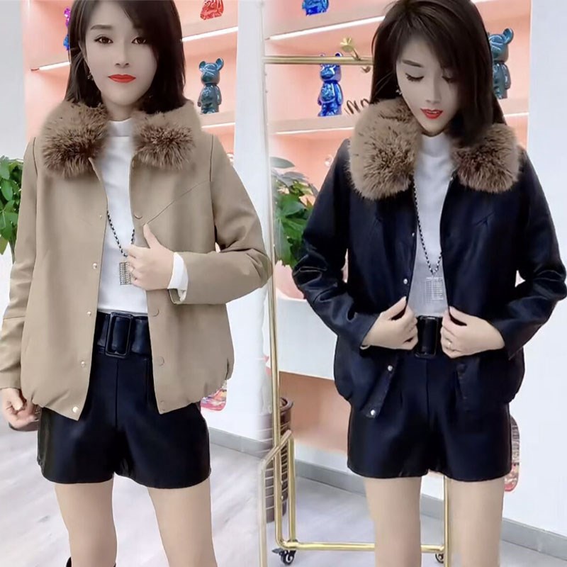 网红款时尚百搭皮衣外套女2024秋冬新款气质毛领宽松加绒加厚上衣