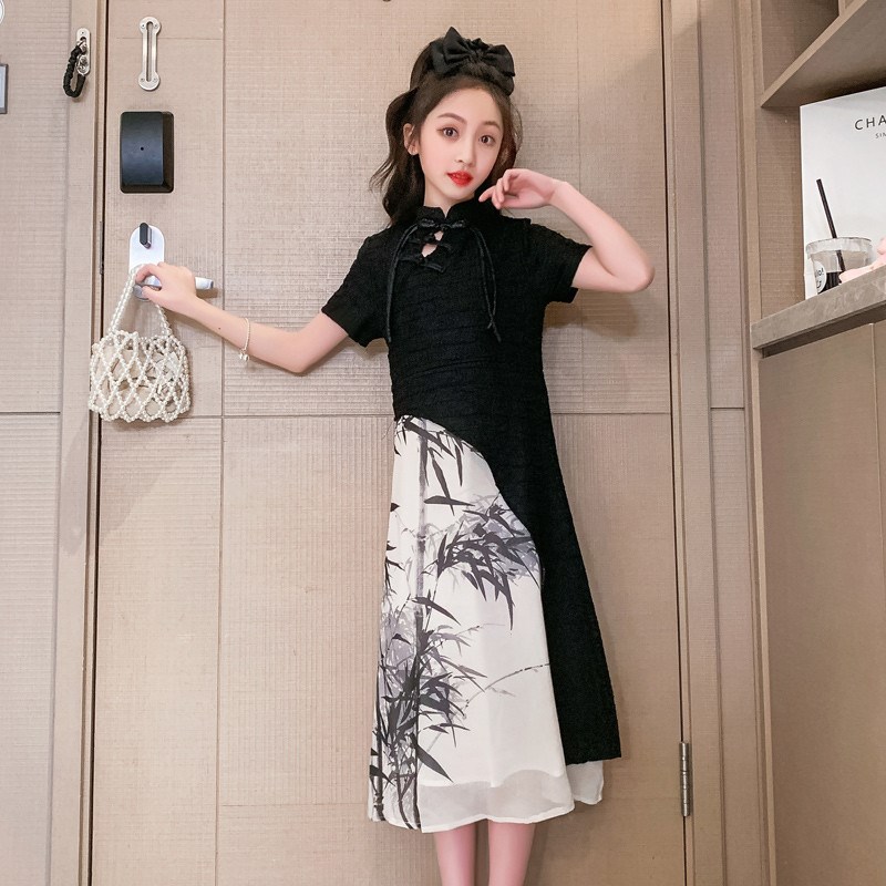 儿童新中式国风改良黑色水墨旗袍裙女童演出服表演连衣裙夏季汉服