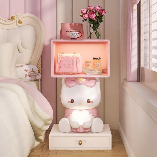 2024新款儿童房间床头柜灯一体创意卡通猫可爱女孩粉色卧室小桌子