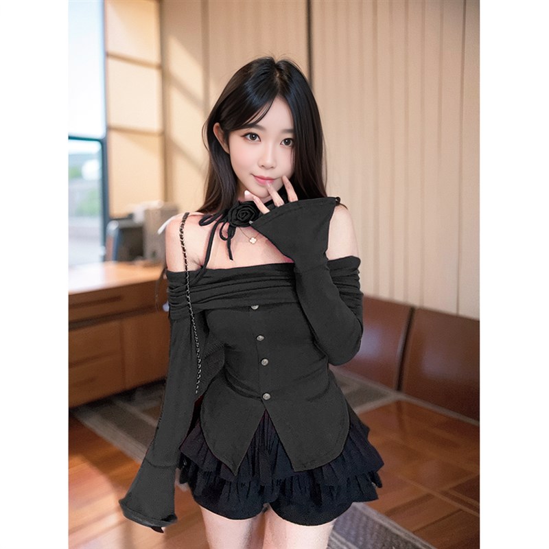 喇叭袖一字肩显瘦长袖上衣套装春夏蓬蓬半身短裙裤甜辣风两件套女