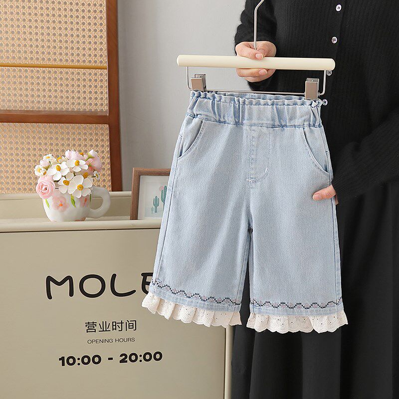 女童蕾丝牛仔裤洋气2024夏季新款森系女宝宝休闲阔腿七分裤子薄款
