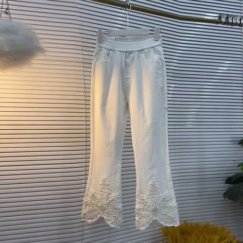 大码女装钉珠裤脚松紧腰微喇长裤盘妹妹白色简约洋气春秋款休闲裤