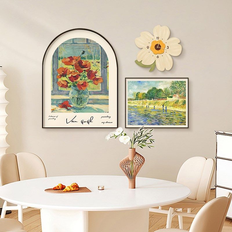 奶油风餐厅装饰画钟表挂钟客厅2025新款世界名画挂画梵高饭厅壁画