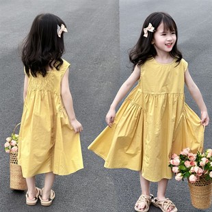 2024年新夏3-8岁女童黄色背心裙连衣裙女孩无袖吊带裙子洋气时髦