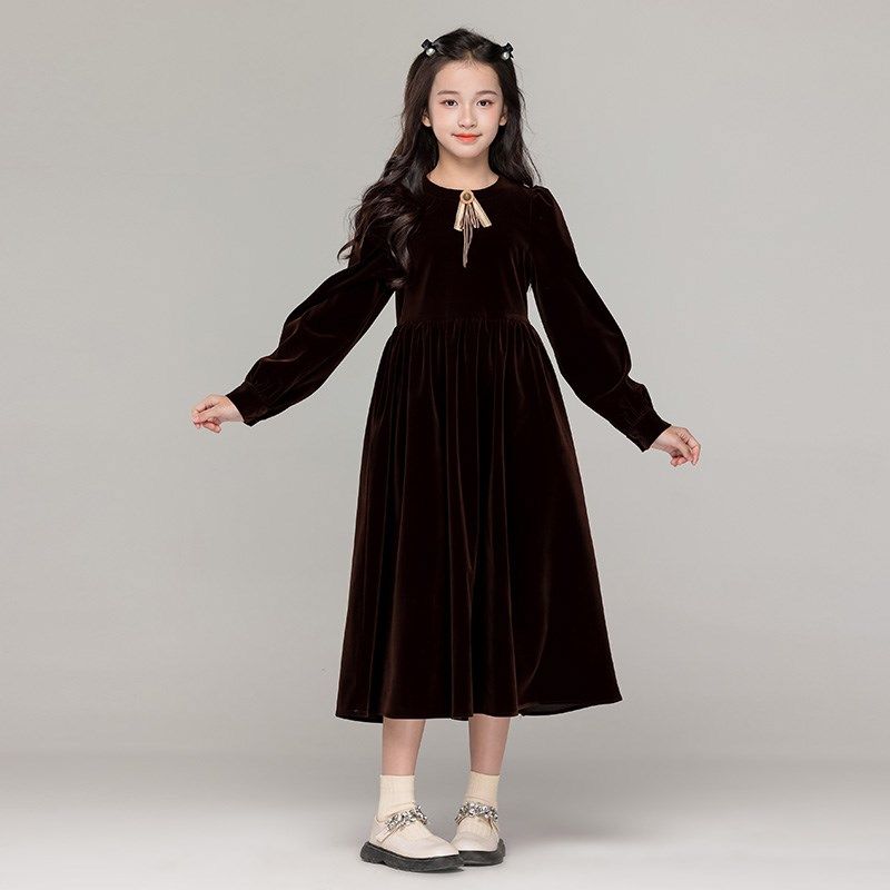 中大女童长袖连衣裙2025新款秋冬甜美洋气中长款女孩红色加绒裙子