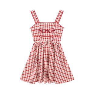 学院风红色格子背带连衣裙女夏季高级感甜美风小个子俏皮绝美裙子