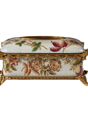 欧式浅蓝陶瓷配铜纸巾盒客厅花盆花瓶创意奖杯储物罐玄关装饰摆件