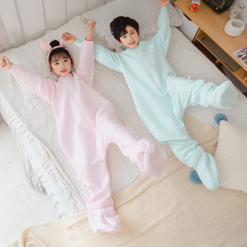 儿童分腿家居服包脚可拆脚睡袋男女宝宝春秋季厚款空调防踢护肚