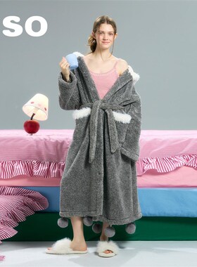 yso【礼物系列】灰色睡袍女冬款加绒睡衣女甜美兔子浴袍可外穿D
