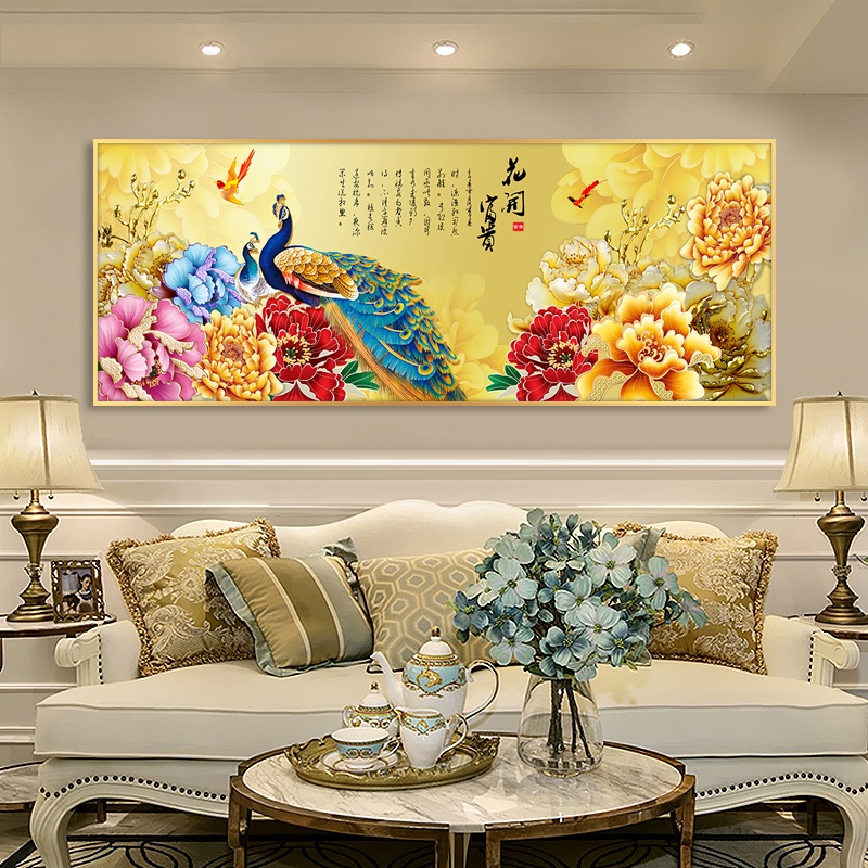 大气美式横幅装饰画牡丹花开富贵挂画沙发背景墙壁画欧式客厅定做图片