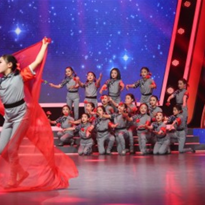 桃李杯群舞映山红舞蹈演出服装儿童绣红旗送红军那时花开弹力军装