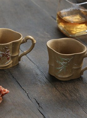 紫砂高档主人杯梅竹双清【海棠竹杯】茶杯段泥90CC紫砂礼品杯水杯